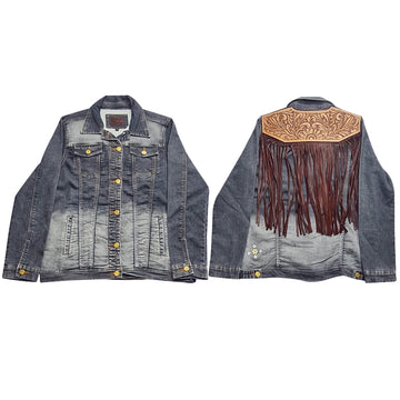 ADJKT601 Genuine leather Hand tooled hand carved Women 100% cotton Denim jacket dress ladies girl